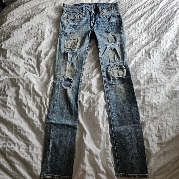 American Eagle Distressed Patchwork Skinny Jeans - 2014 - Light Wash - Sz 0 Reg - Picture 2 of 16
